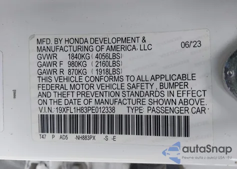 2023 Honda Civic Sport Touring из США, поврежденный, VIN 19XFL1H83PE012338